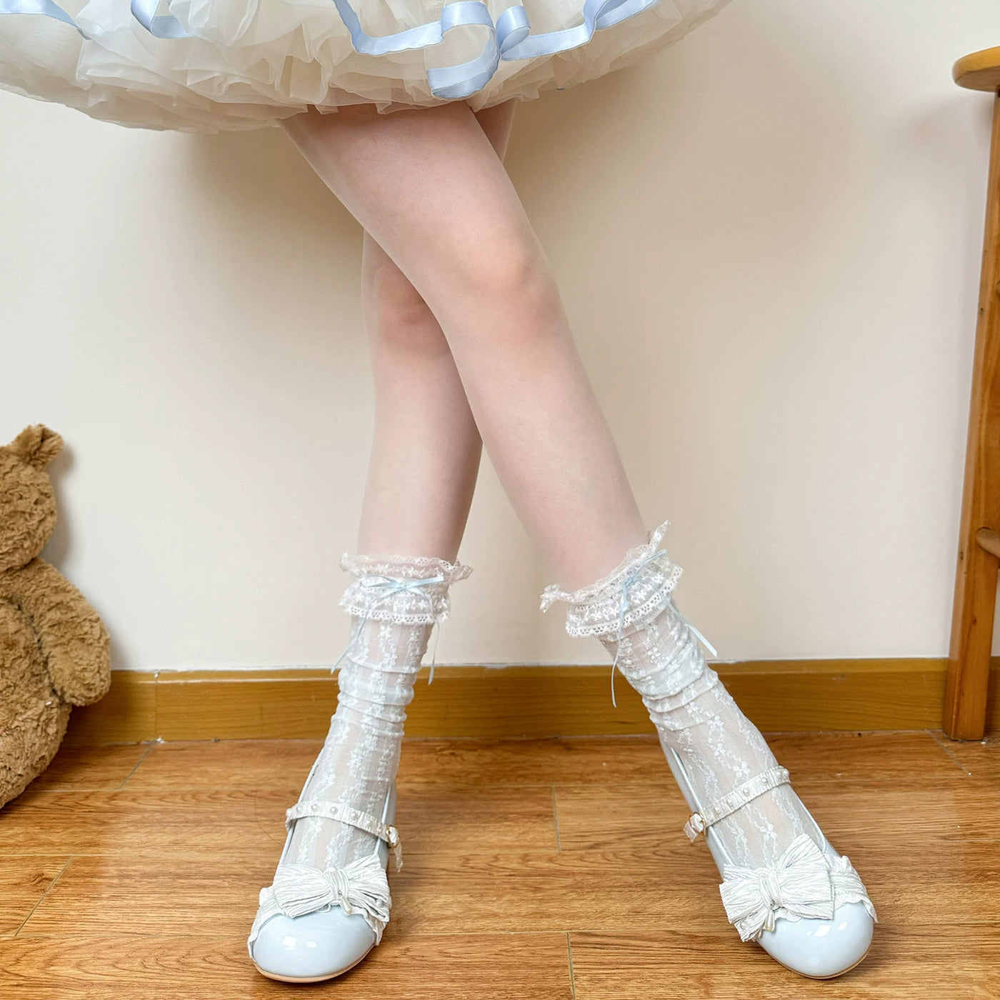 Chubby Bear Tales - Ballet Lace Ribbon - Openwork Mid-Calf Socks with Ribbon Bows