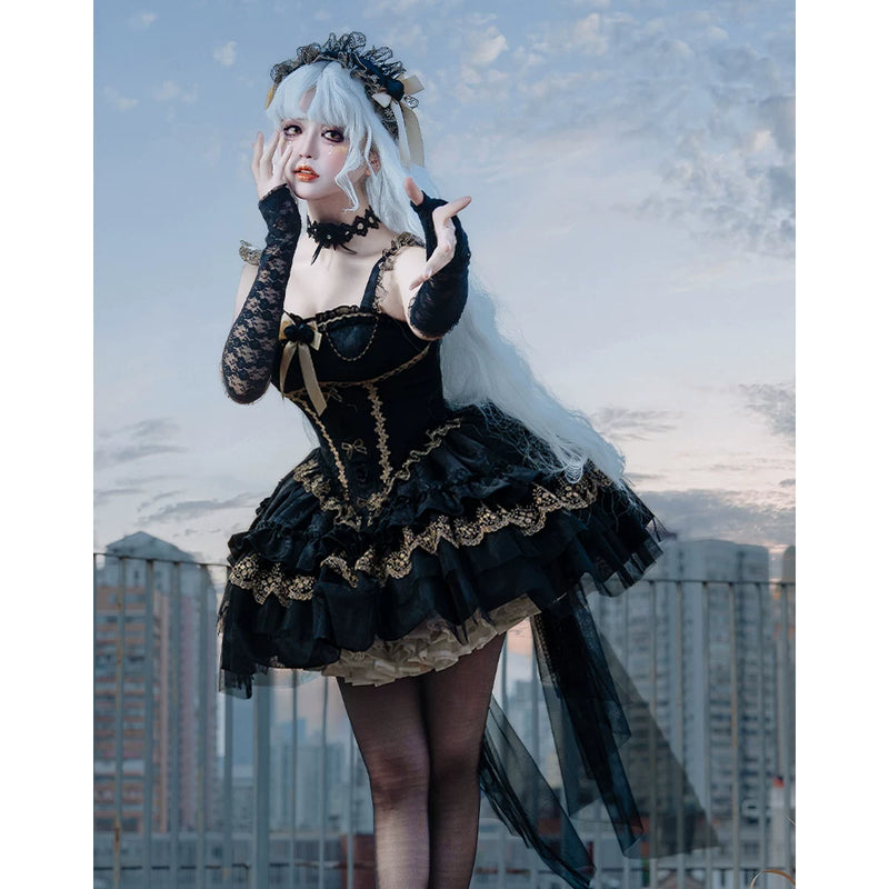 Zhijinyuan Shimmering Dream Jacquard JSK — Black and gold JSK skirt detail