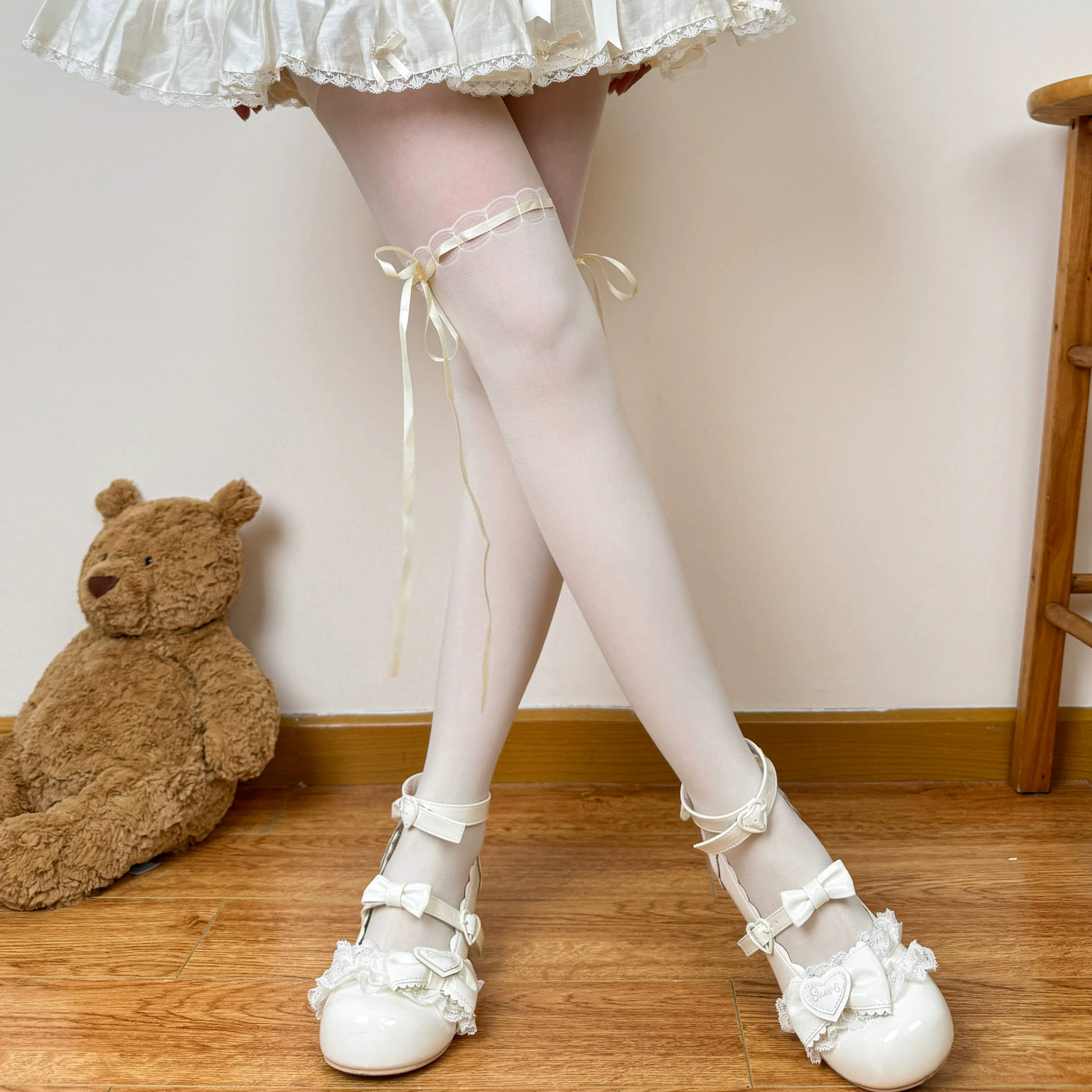 Chubby Bear Tales - Ballet White Collection - One-Size Stockings with Bow and Pattern Variants