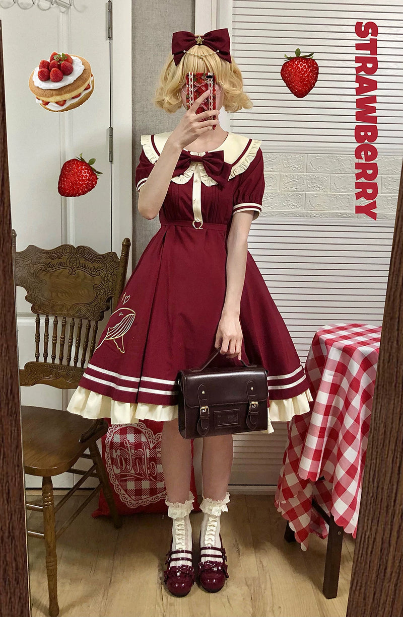 Strawberry Witch Little Whale Sailor Lolita OP Dress - Wine red short sleeve sailor OP model view