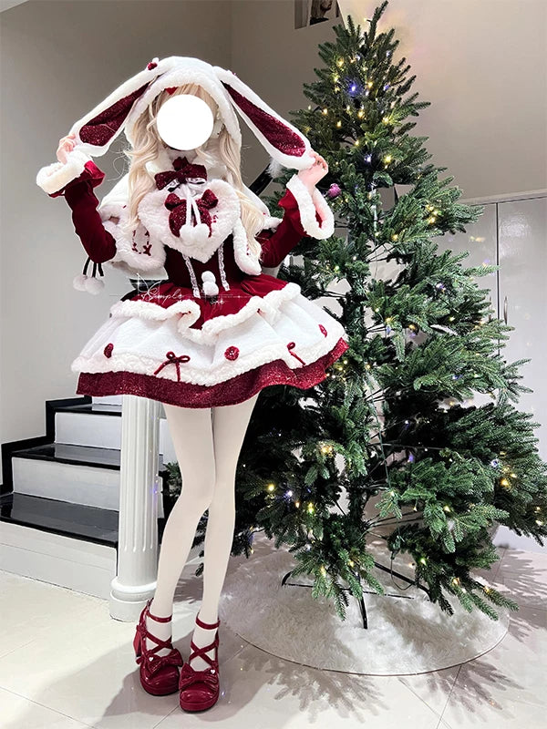 Red-and-white Christmas three-piece dress set with hooded cape, sleeve covers and bows