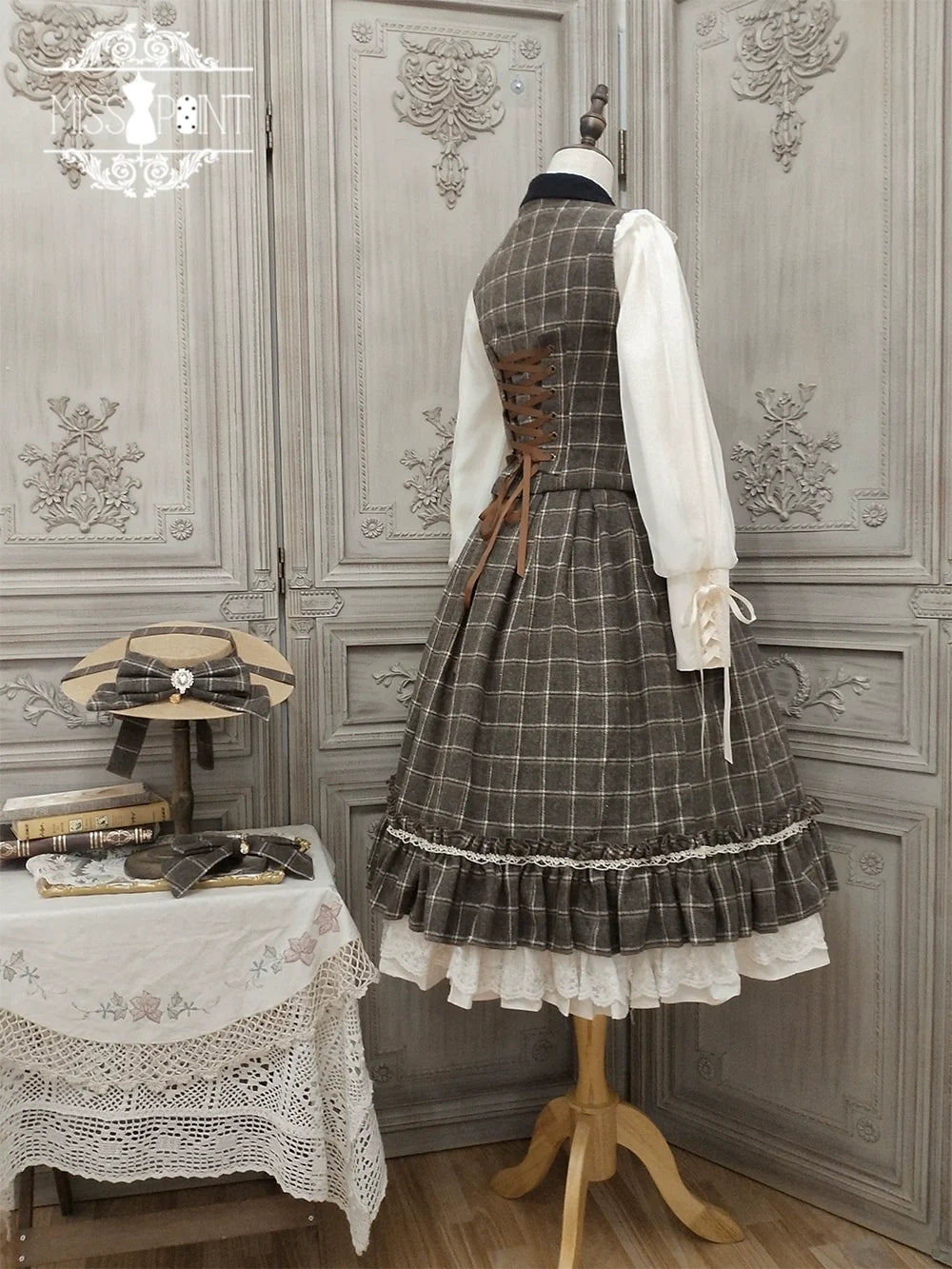 (BFM)Miss Point~Rose~Elegant Lolita Fishbone Grid Skirt Customized (M) 32512:384954