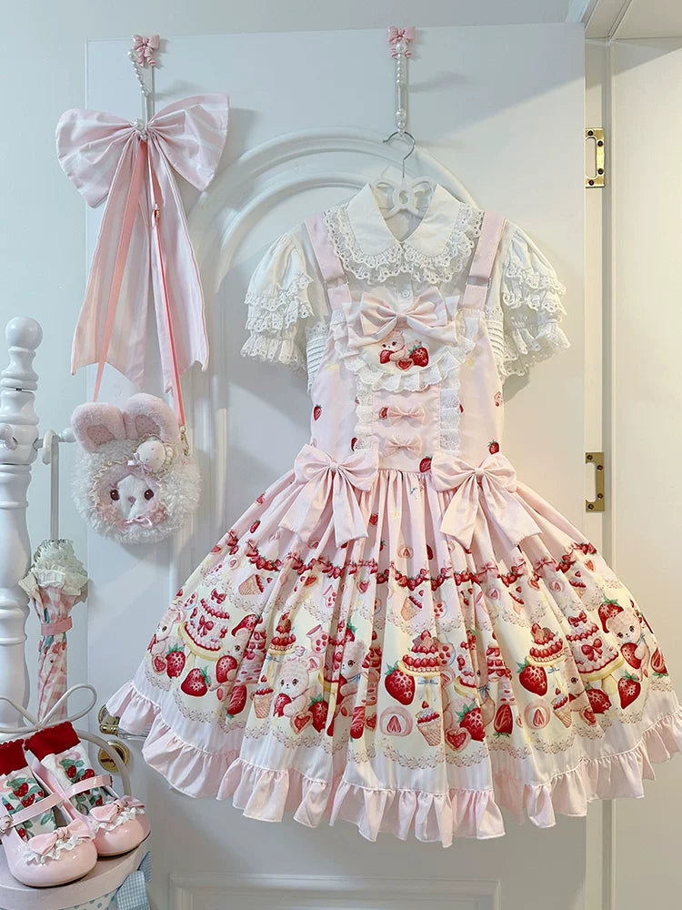 Blue sweet lolita JSK with wide suspender straps, novelty dessert print, and tiered ruffled skirt