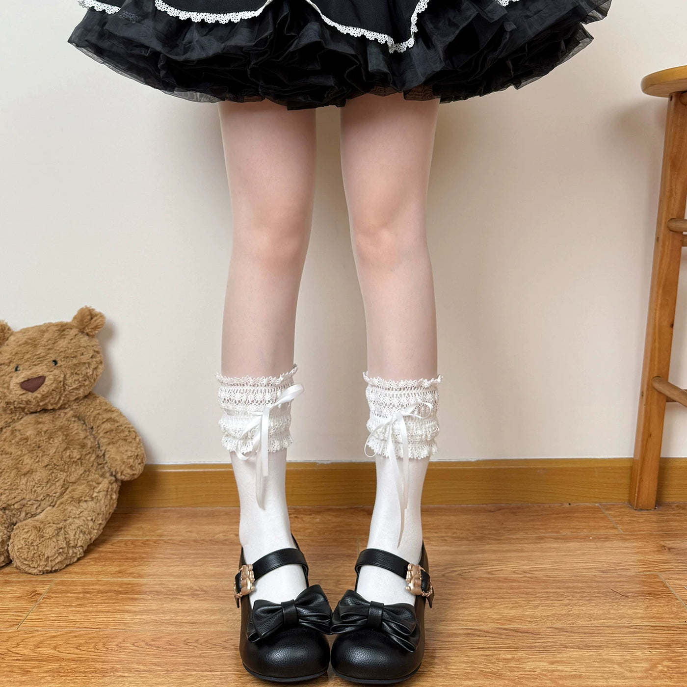 Chubby Bear Tales - Cream Ballet Ribbon - Socks with lace cuffs and tie ribbons