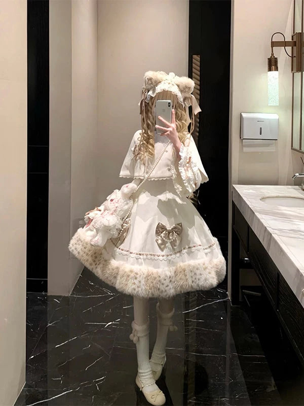 Creamy - Plush Princess - Cape Dress Set with Bow Details and Plush Hem Trim