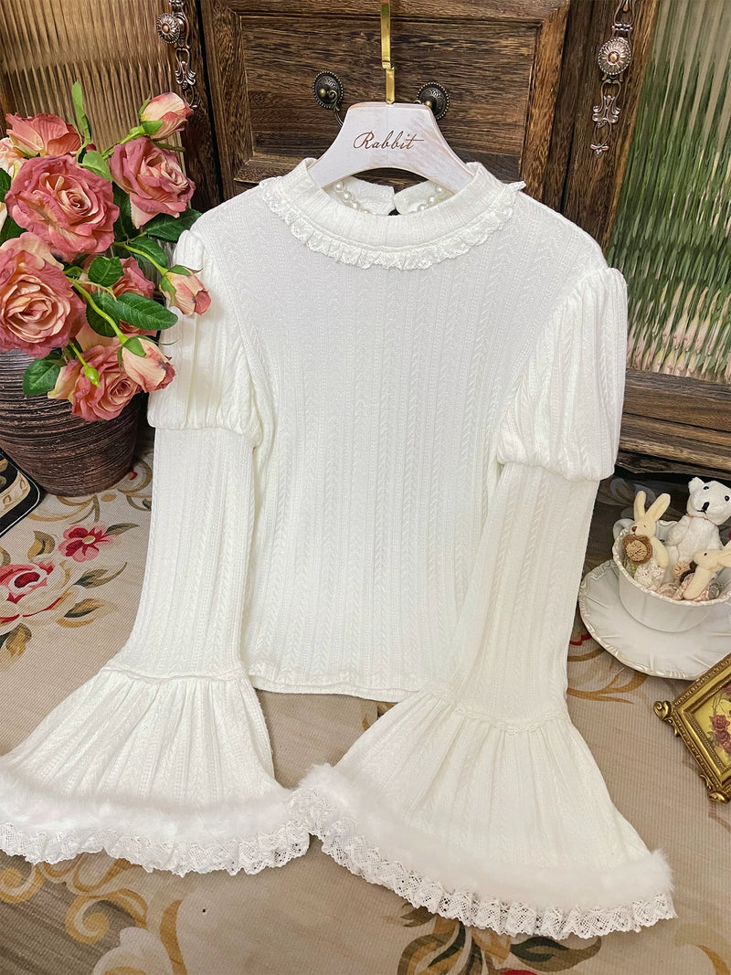 Winter Snowball Plush Lace Printed Lolita JSK — Supplier Dispatch within 15 Days (After National Day Holiday), Knitted Layering Top - One Size