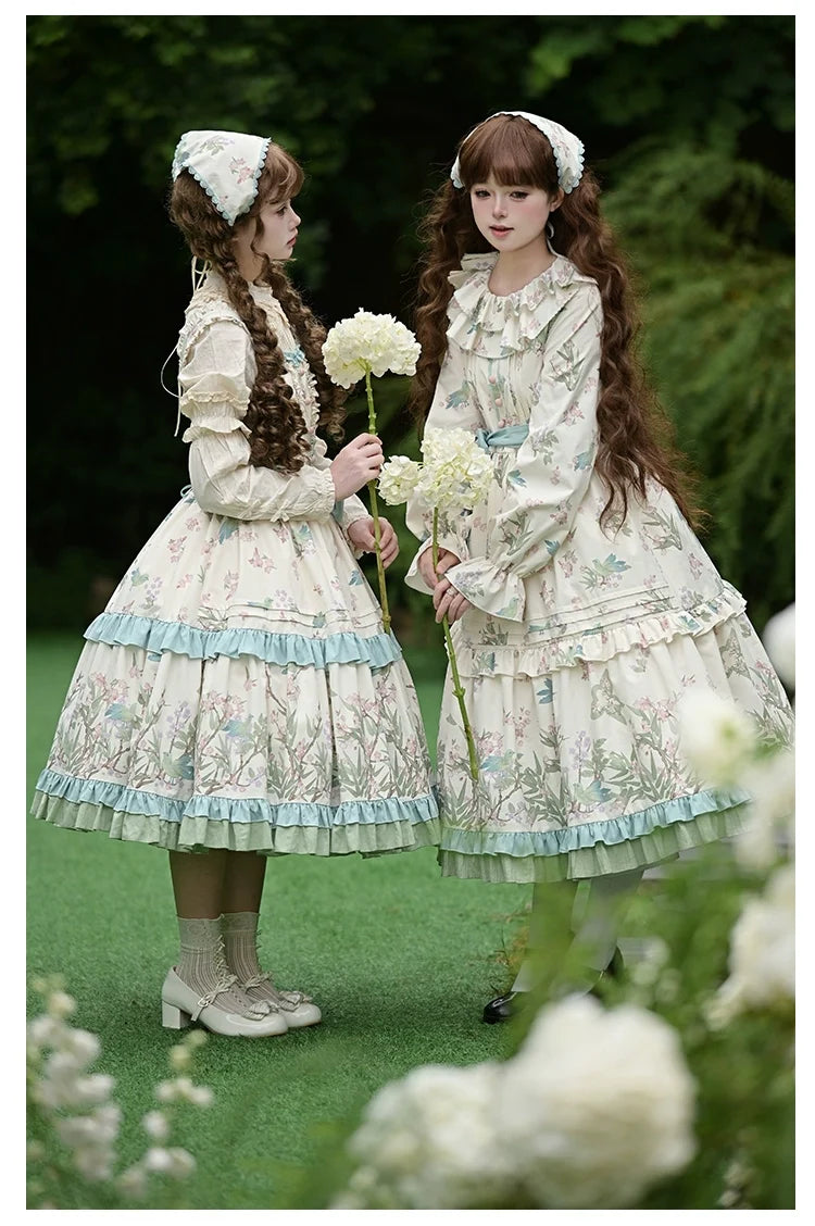 With PUJI - Oriole Time - Country Lolita JSK and OP Dress, Floral and Bird Print