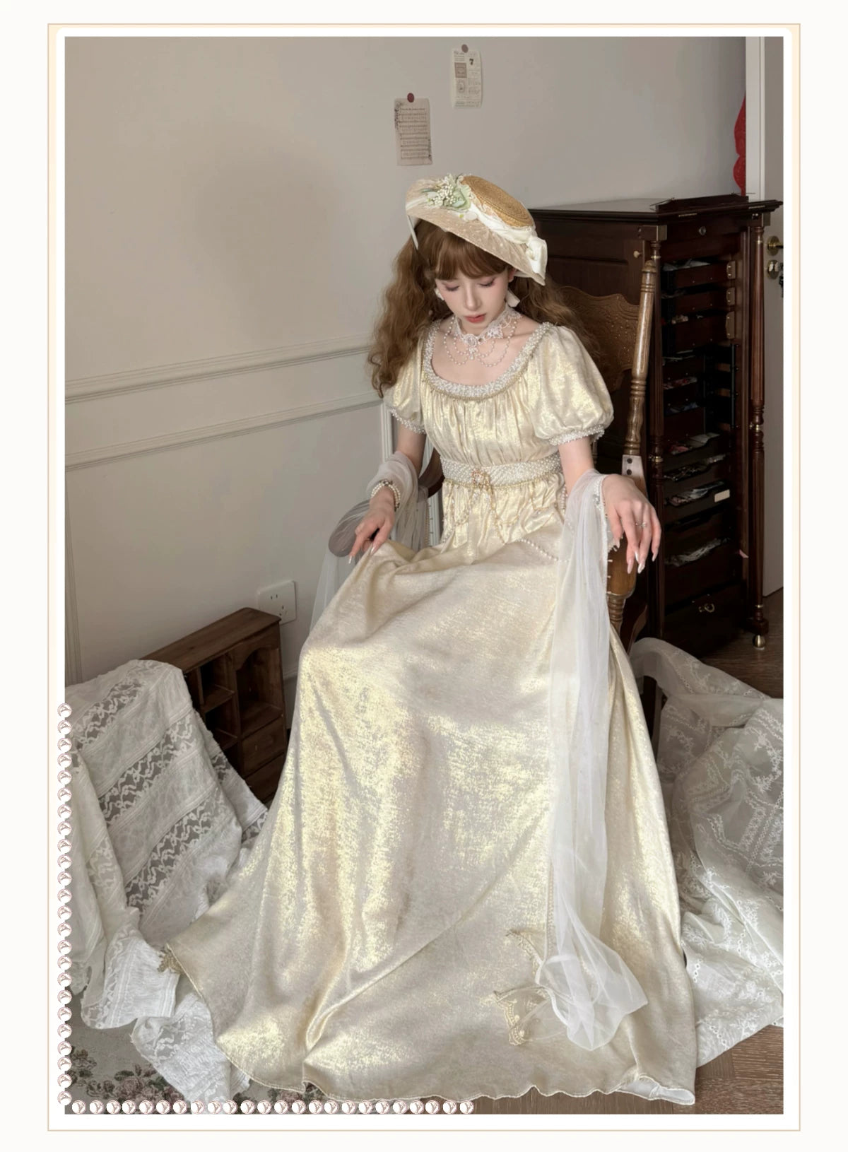Thousand Wood - Moonlight Amber - Long OP Dress with Empire Waist and Beaded Trim
