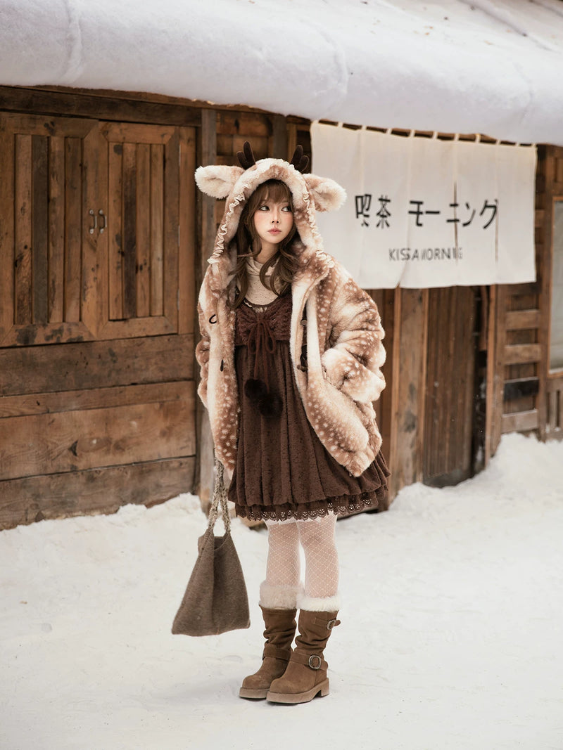 Tan Tuan Deer-Print Faux-Fur Hooded Toggle Coat — additional product view