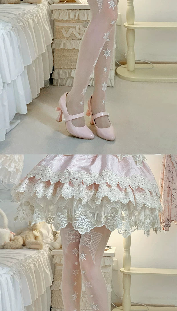 roji roji - Snowflake - Printed Pantyhose with White Snowflake Motifs