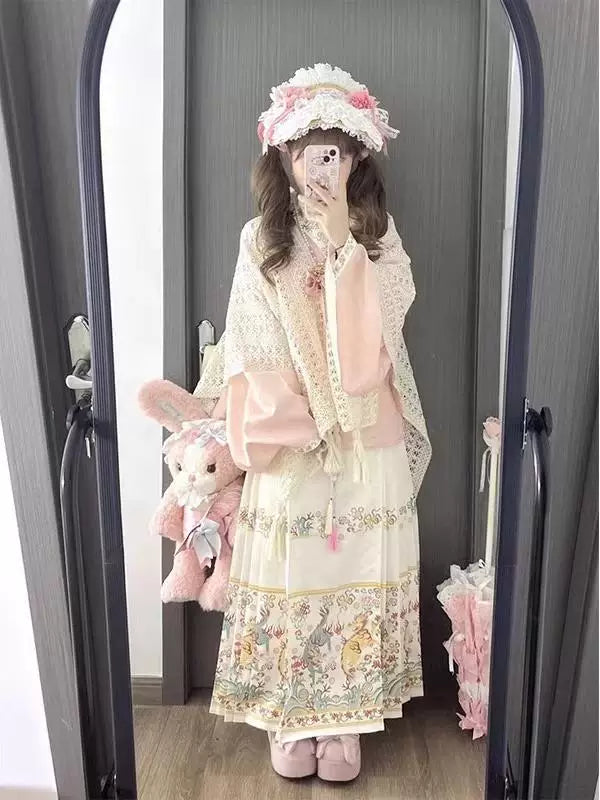 Creamy - Hanfu Fusion - Pastel-Print Mamian Skirt Set with Shawl