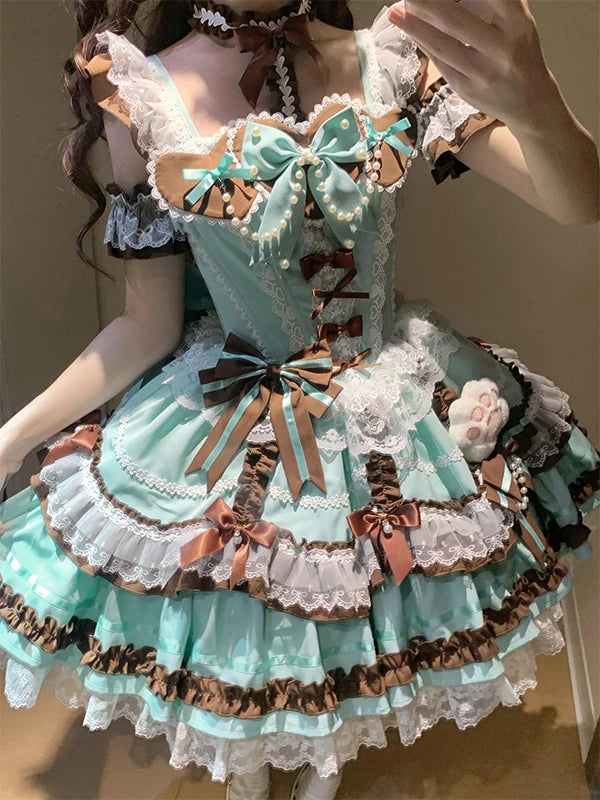 Creamy - Mint Chocolate - Lolita JSK Dress with Chocolate-Brown Ruffles
