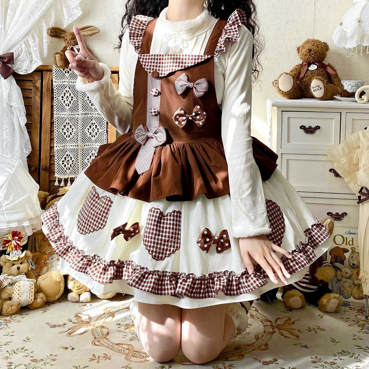 White Tea Story - Sweet Lolita - Tiered gingham check skirt with bow
