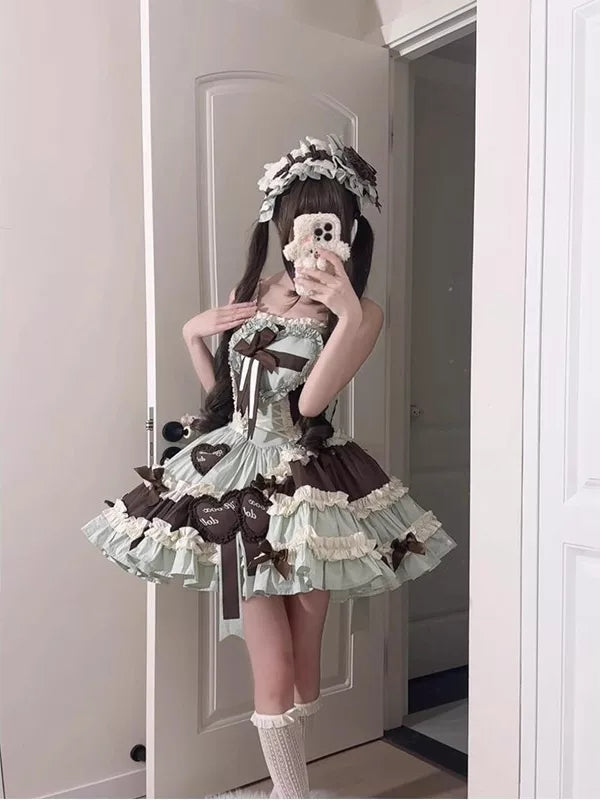 Creamy - Mint Chocolate Princess - JSK Dress and Hime-Sleeve Vest Set with Layered Ruffles