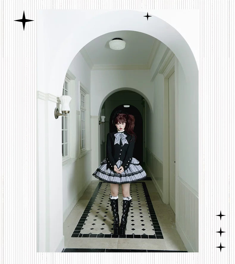Baozi Pig - Witch's Shop - Gothic OP Dress with Corset-Style Bodice and Striped Skirt