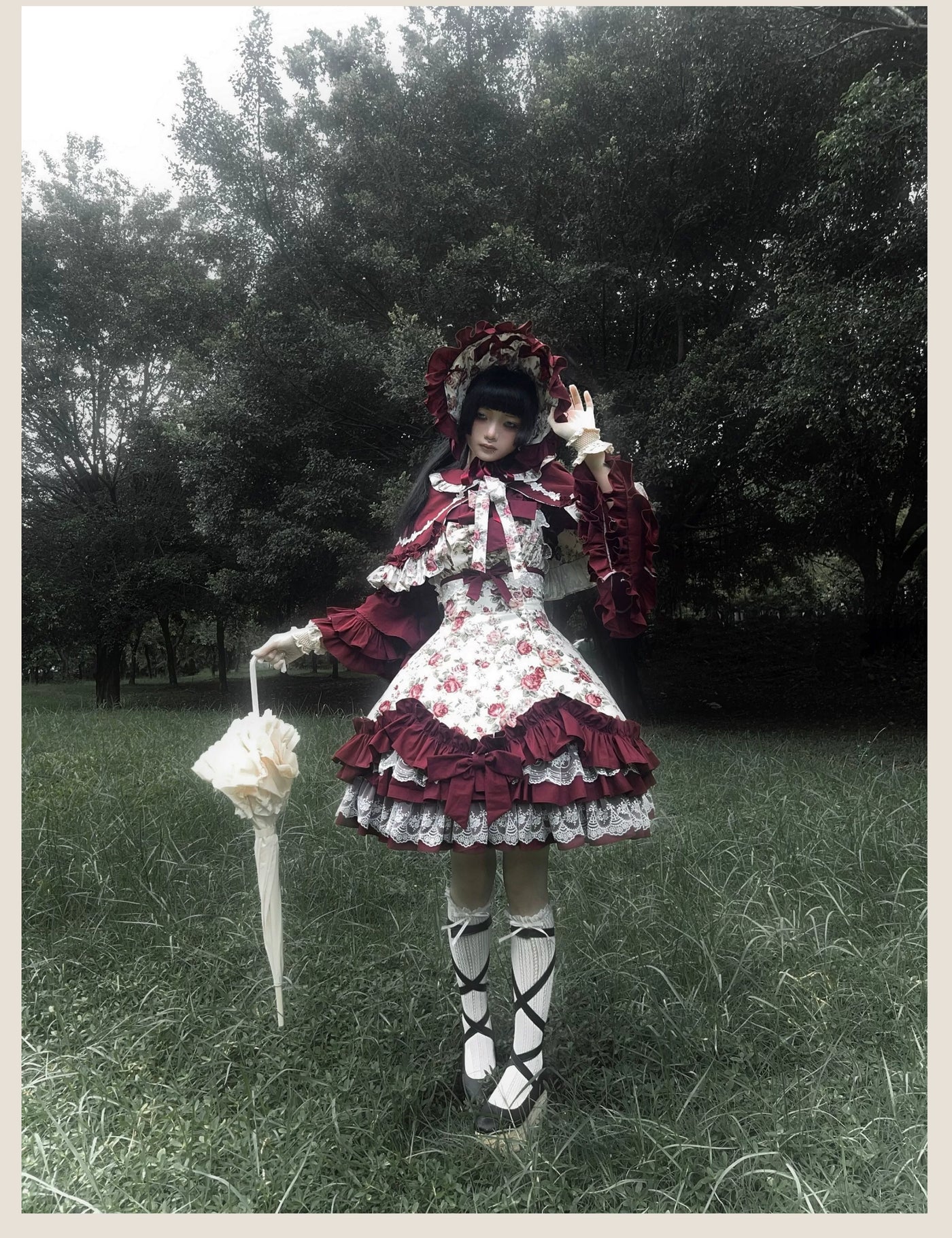 TaTaTa Lolita - Burgundy Rose - Floral Printed Old School Lolita JSK, Elegant Cape