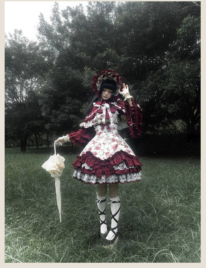 TaTaTa Lolita - Burgundy Rose - Floral Printed Old School Lolita JSK, Elegant Cape