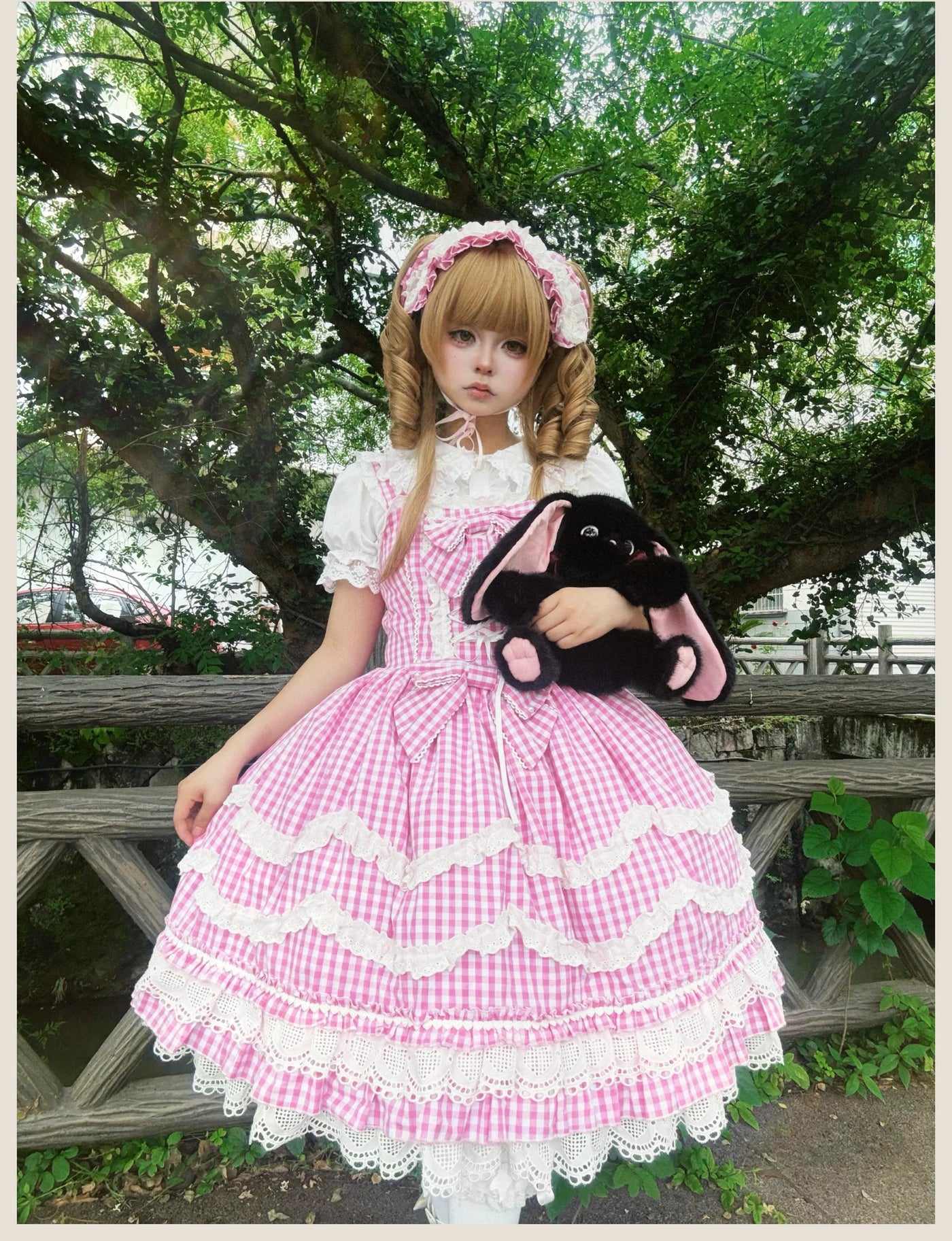 TaTaTa Lolita - Plaid Baileys - Pink Gingham JSK Dress with Petal Ruffles - product detail 6