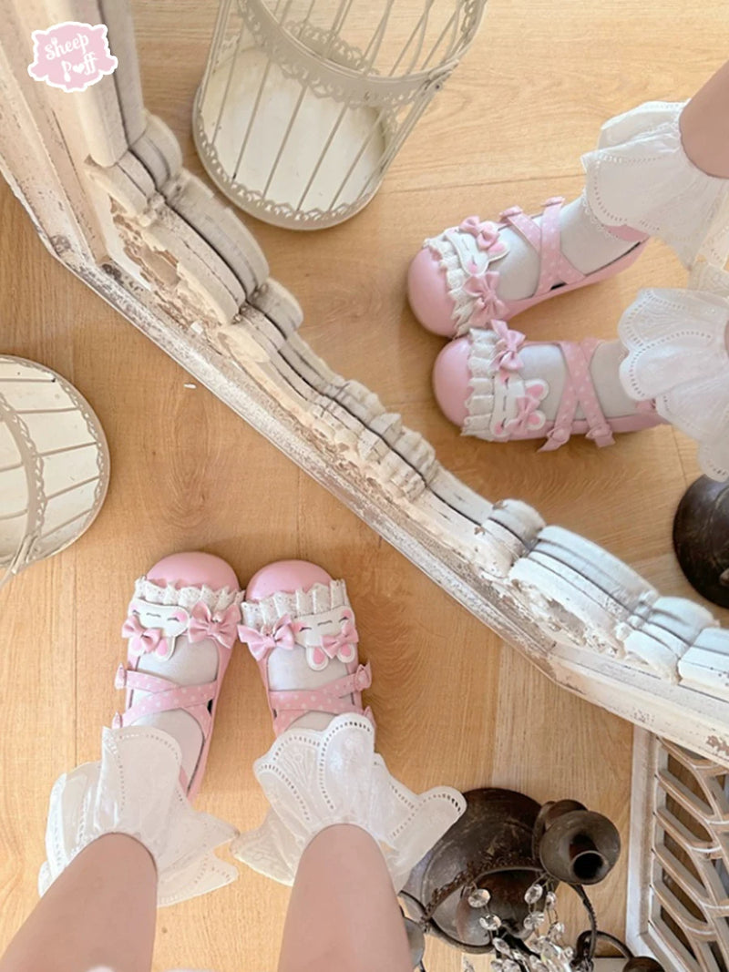 Sheep Puff Shy Bunny Lolita shoes featuring cute bunny details and pastel pink design, perfect for kawaii fashion styles.