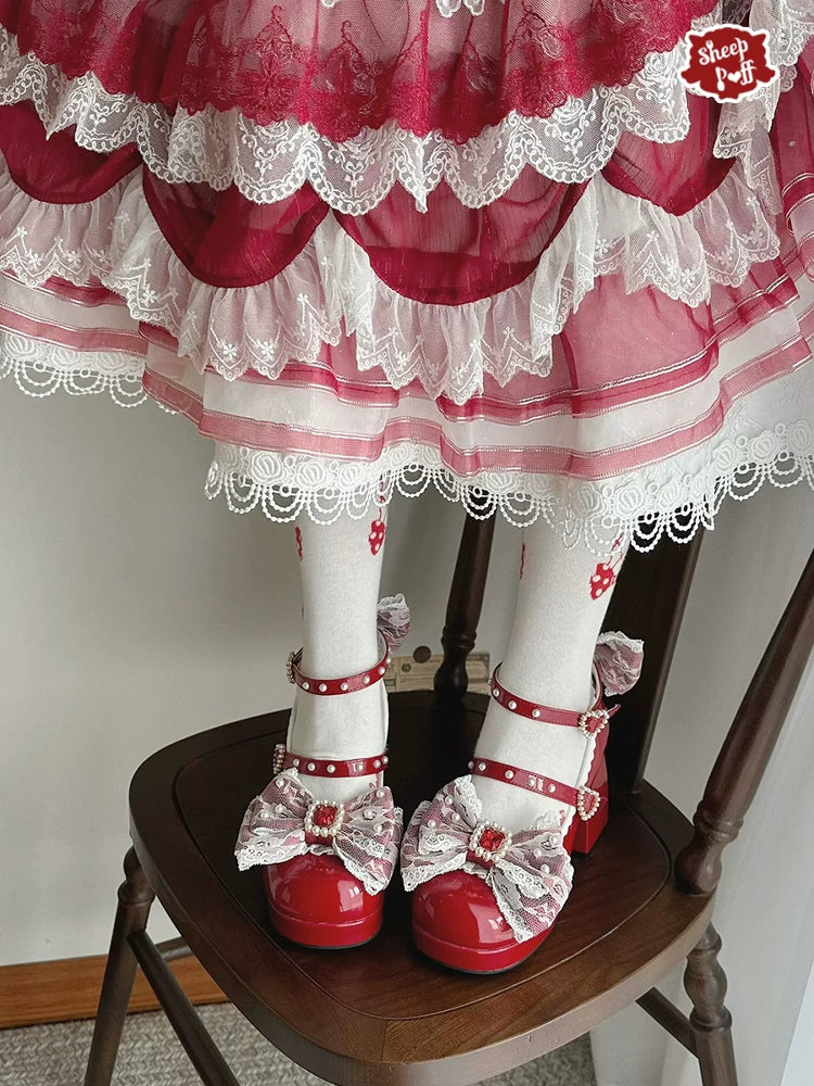Sheep Puff Lace Romance Heels Lolita Shoes with delicate lace details and a feminine design, perfect for elegant fashion styles.