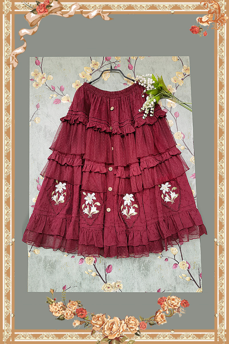 Melaleuca Lily - Embroidery Country Lolita Blouse and Skirt M red SK