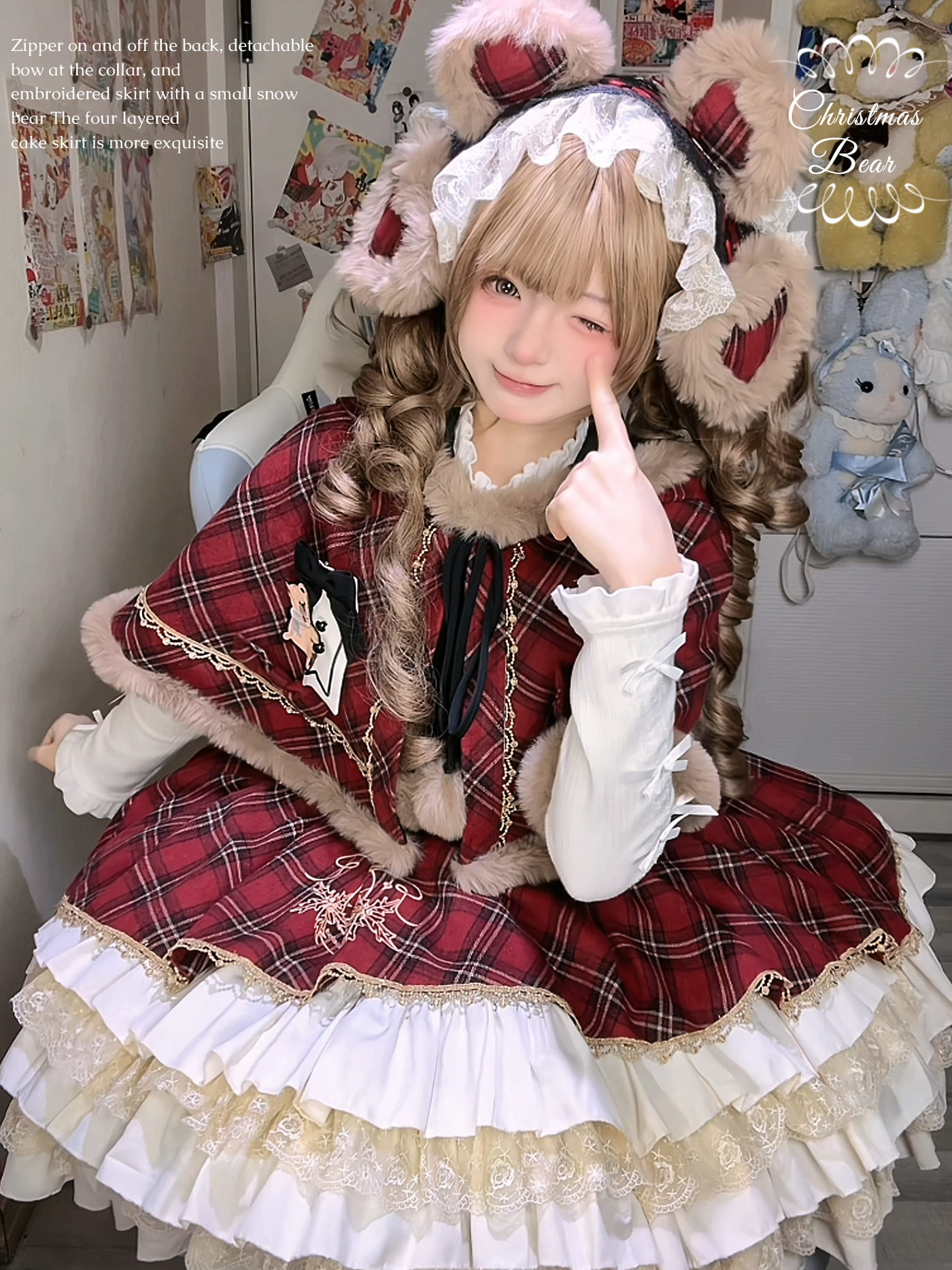 OCELOT - Kurikuma Cocoa - Christmas Plaid Lolita JSK, Hooded Cape