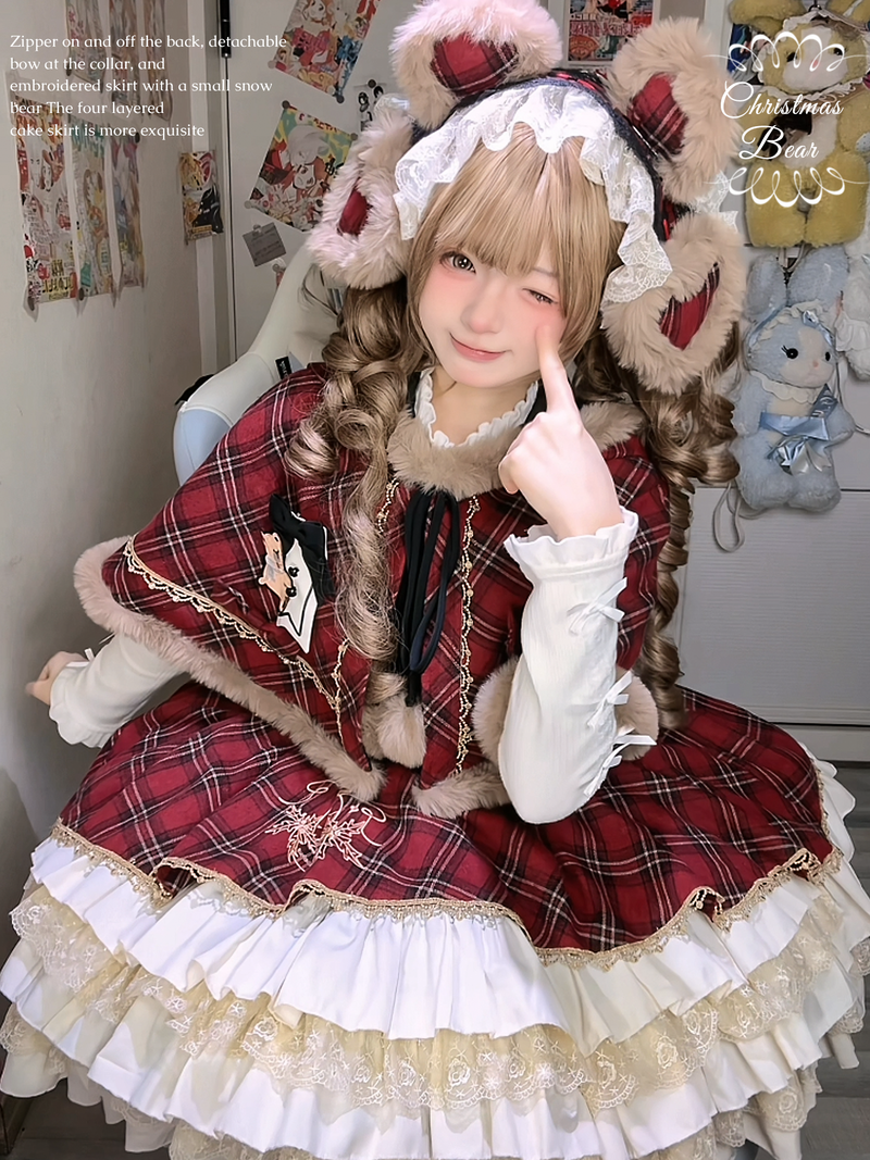 OCELOT - Kurikuma Cocoa - Christmas Plaid Lolita JSK, Hooded Cape