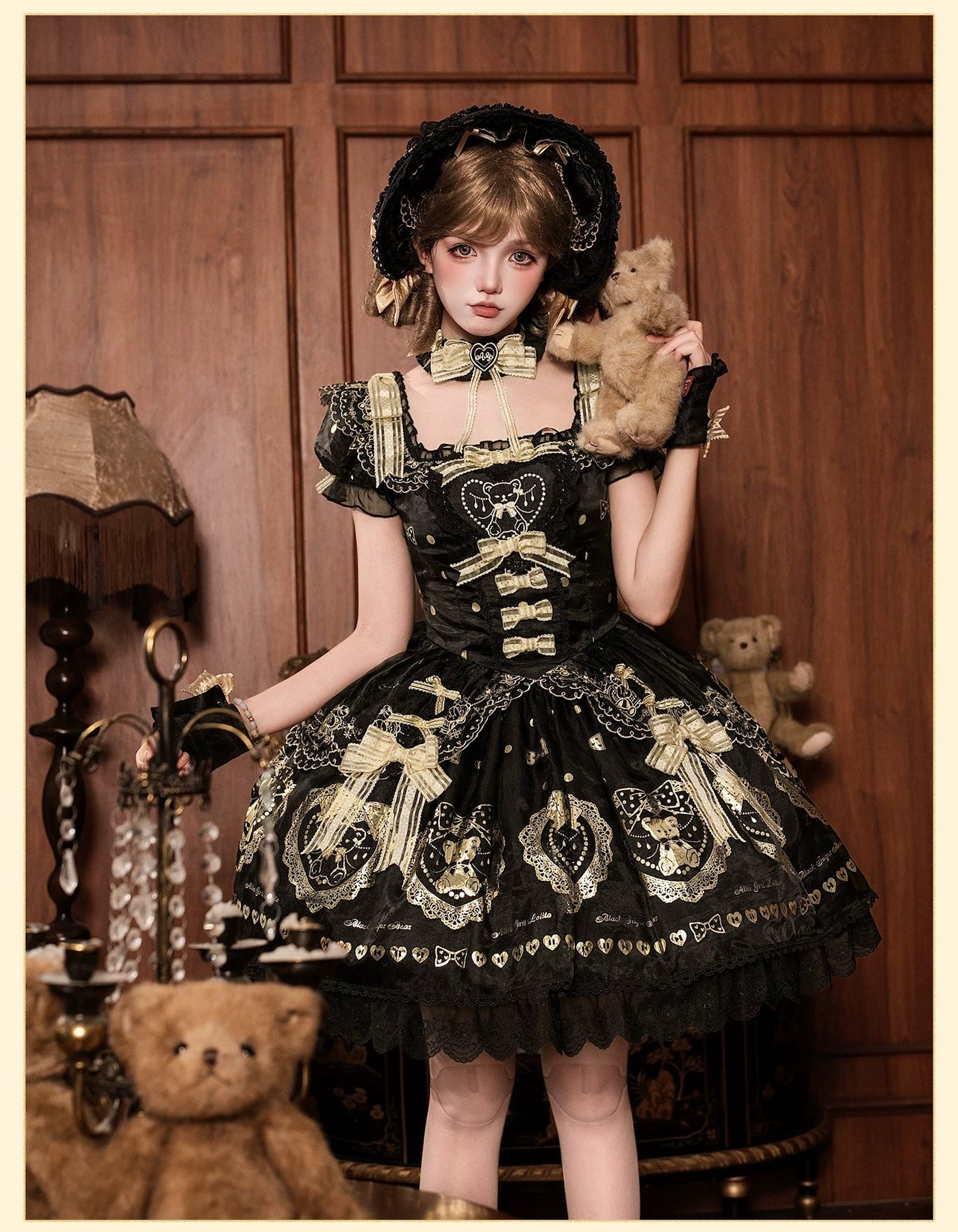 Alice Girl - Brown Sugar Bear - Old School Lolita OP & Halter Dress, Bear Print