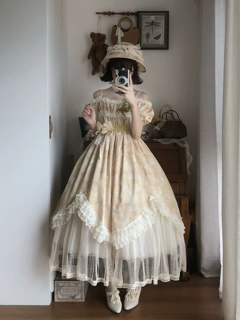 With PUJI - Falling Flowers as a Letter - Lolita Dress Collection, Print & Adjustable Straps detail view 4