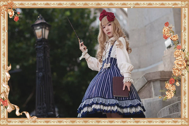 Infanta - Elegant Lolita Stripe High-waist - Jumper Dress Set and Cape SK Skirt