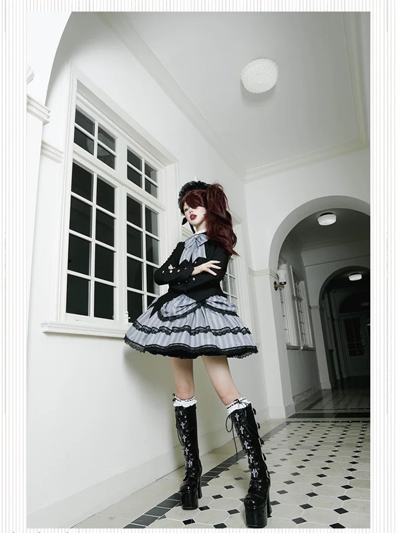 Baozi Pig - Witch's Shop - Gothic OP Dress with Corset-Style Bodice and Striped Skirt