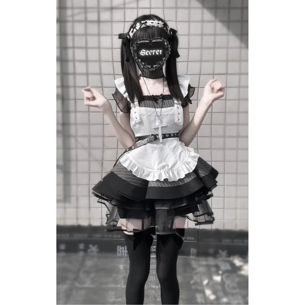 Creamy black-and-white striped OP maid dress with a white apron and layered skirt.