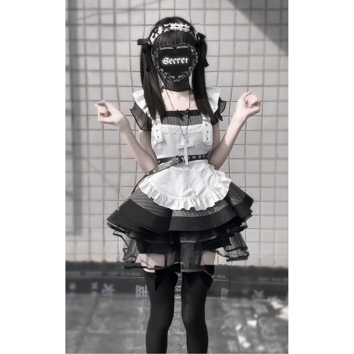 Creamy black-and-white striped OP maid dress with a white apron and layered skirt.