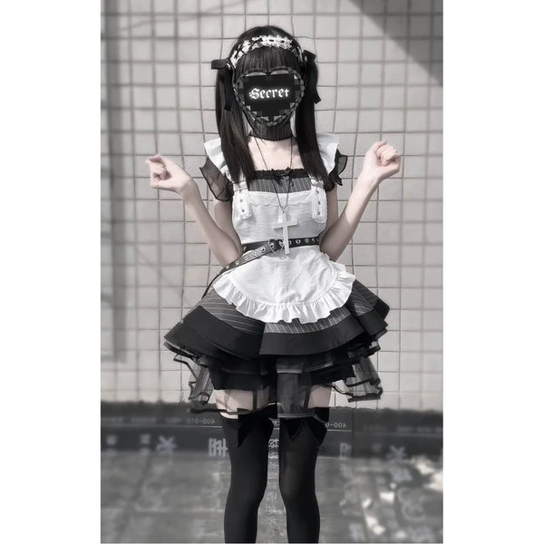Creamy black-and-white striped OP maid dress with a white apron and layered skirt.