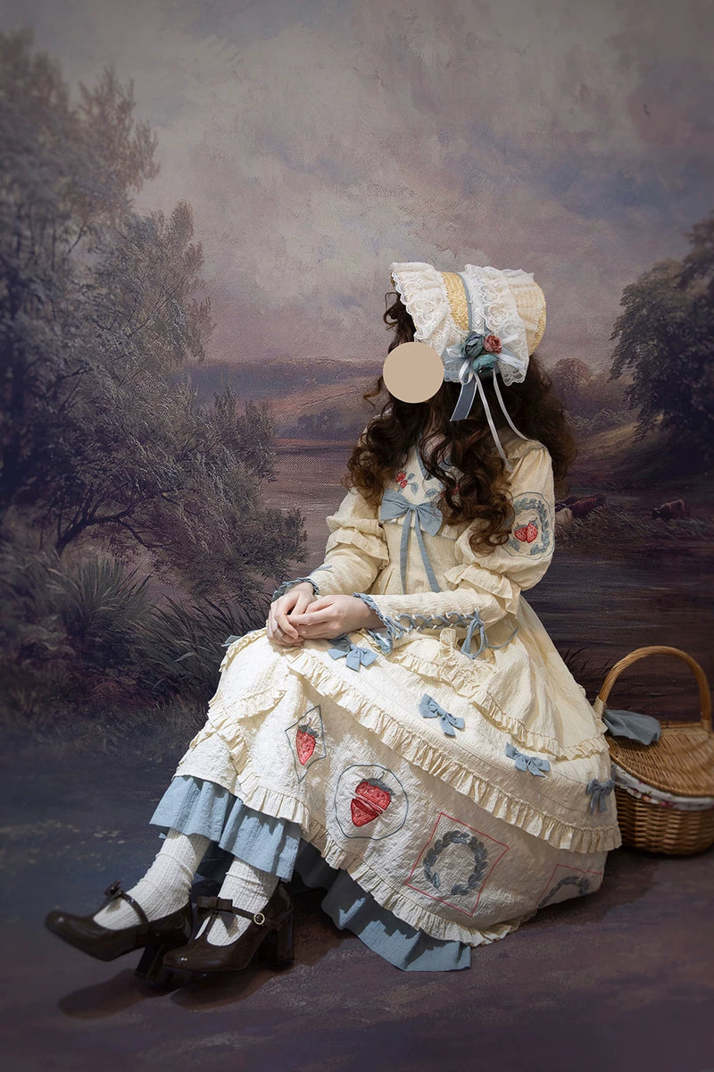 Baozi Pig - Strawberry Jam - Long-Sleeve OP with Red Strawberry Motifs and Blue-Grey Ruffles