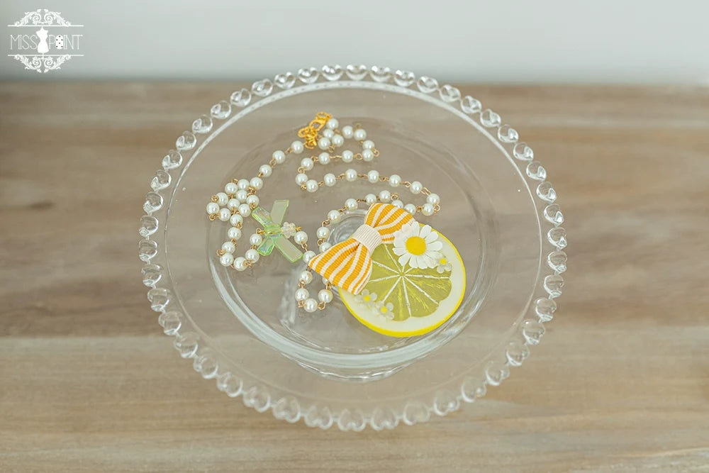 Daisy Lemon - Kawaii Lolita Lemon and Flowers Accessory large lemon bow necklace-yellow