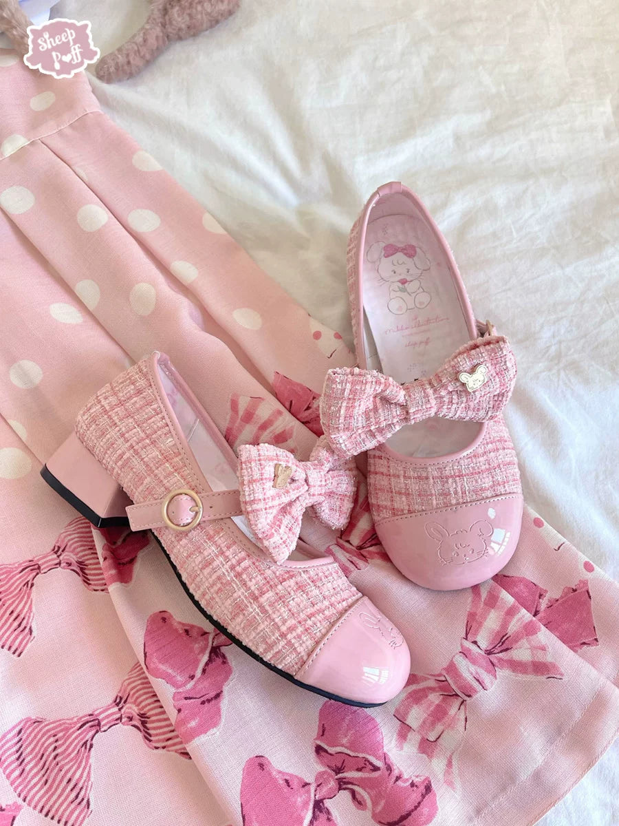 Sheep Puff Little Animal Mary Jane Lolita shoes featuring cute sheep puff design, black leather straps, and rounded toe for kids.