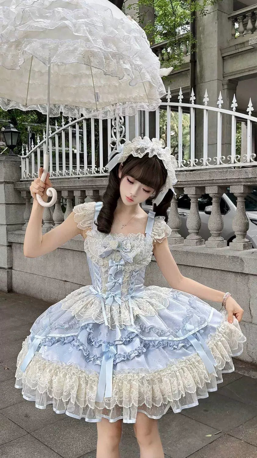 Sweetheart Dream Machine - Rose Poem Ballet - Strappy JSK dress with lace ruffles and ribbon bows