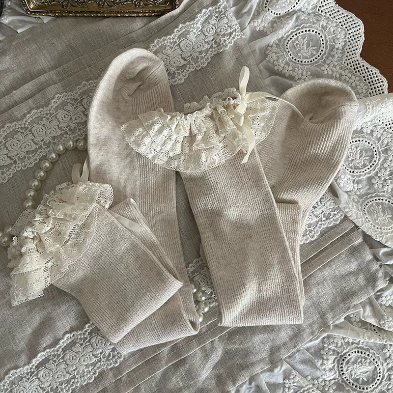 Sock Noble - Cream Lace Cake - Over-the-knee and mid-calf socks with layered lace bows