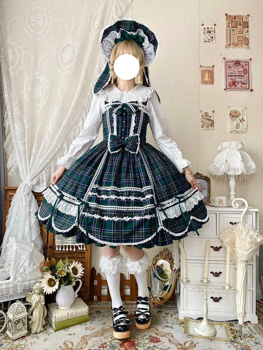 Miss Point - Plaid Petal Bunny - Kawaii Lolita Cotton Shirt, Bunny Ear