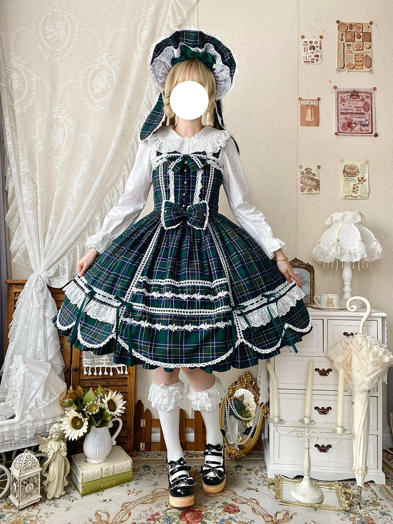 Miss Point - Plaid Petal Bunny - Old School Lolita Bunny Ear Headdress, Bear Ear Apron