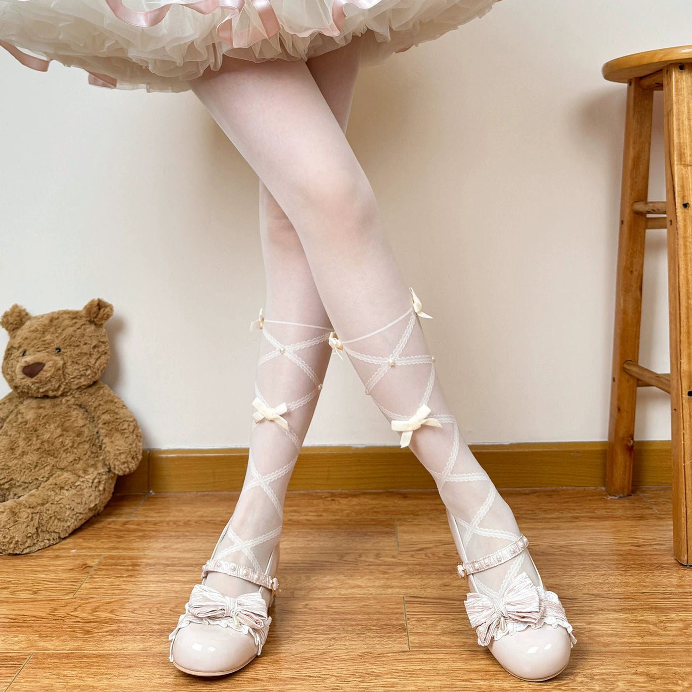 Pink bow-accent Lolita sheer tights