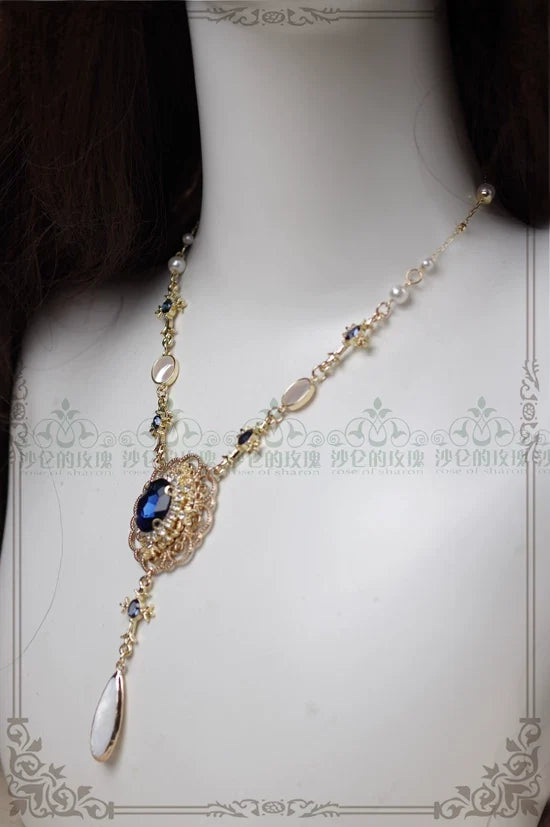 Rose of Sharon - Classic Lolita Necklace & Earrings - Artificial Pearl Rhinestone Earrings