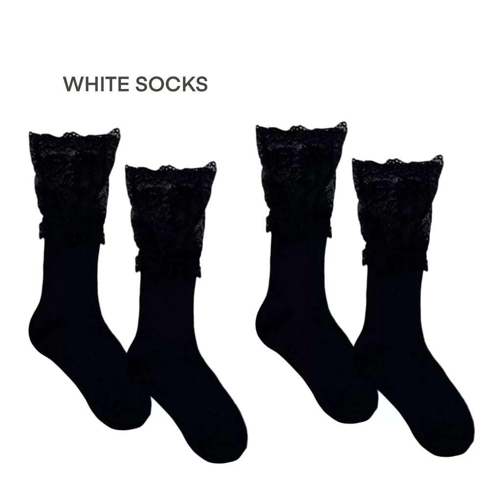 White Socks short socks with lace panels styled beneath a grey skirt