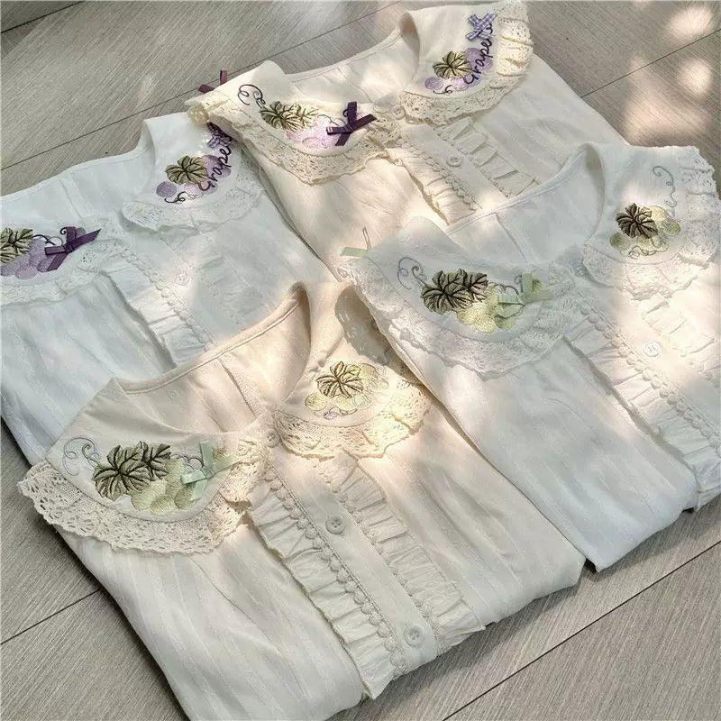 Sweetheart Dream Machine - Grape Embroidery - Short-Sleeve Blouse with a Lace Collar and Bow Details