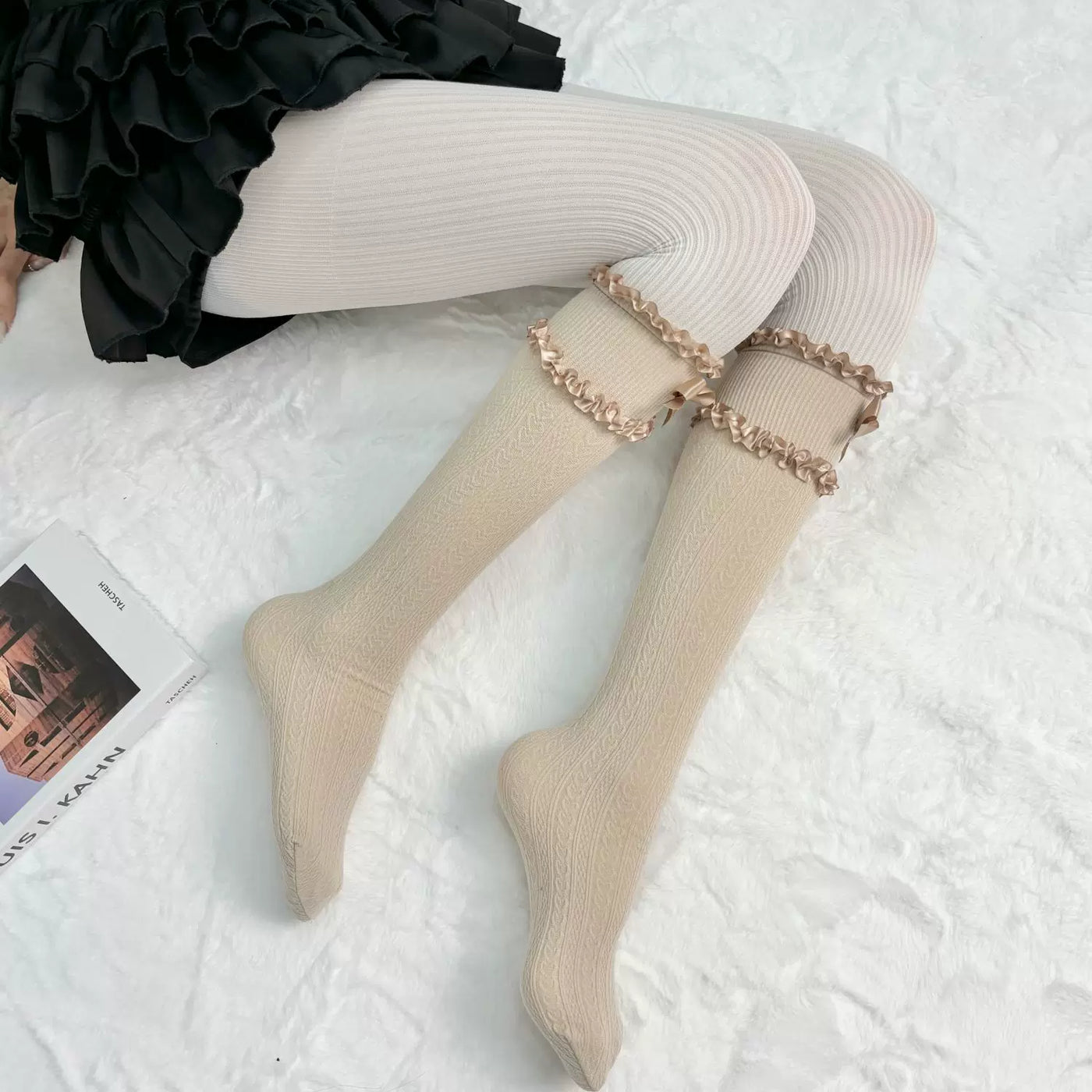 Fantasy Doll - Heart Knit Layers - Heart-Pattern Mid-Calf Socks with a Ruffled Bow Cuff