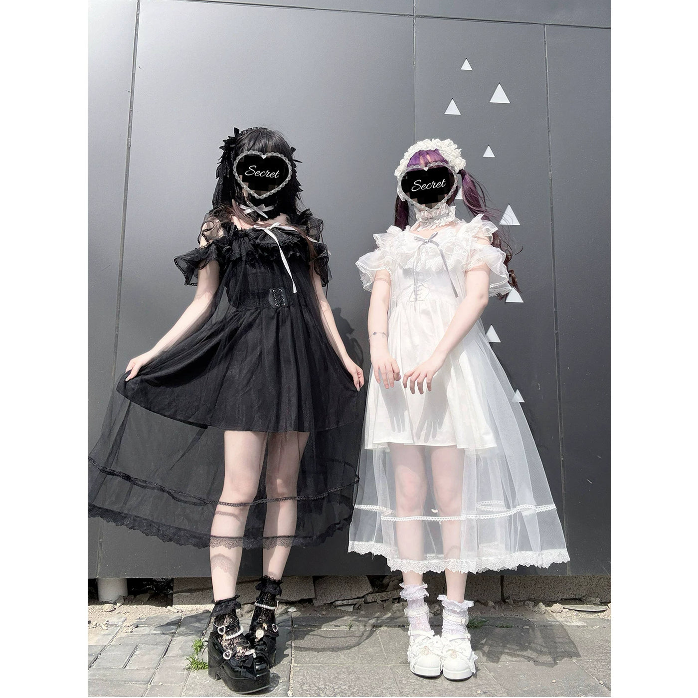 Creamy - Sheer Monochrome - Strappy Dress and Overlay Veil Set with Lace Trims