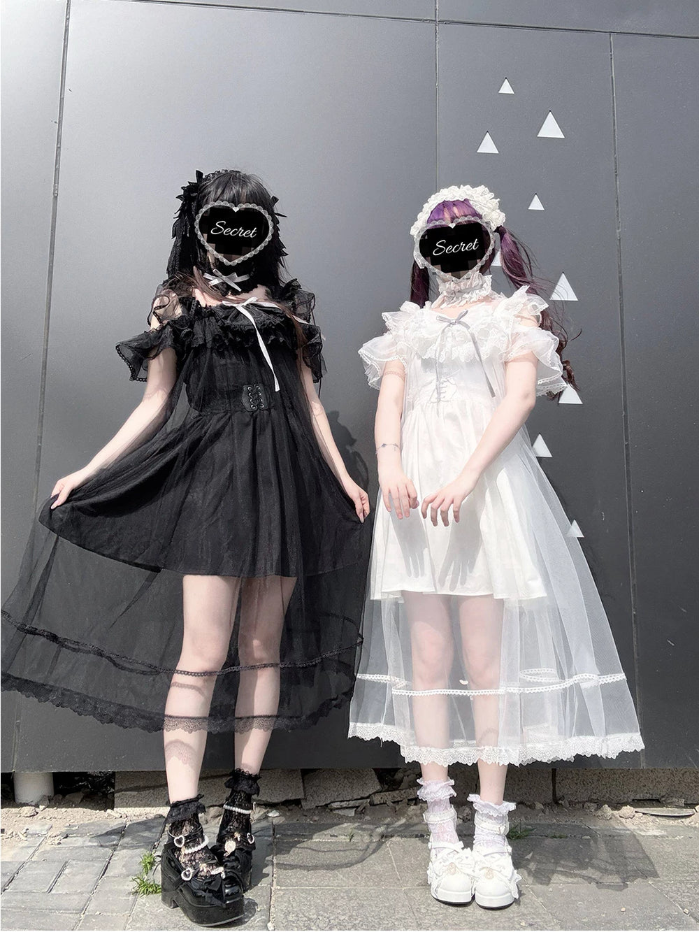 Black and white strappy dresses with sheer overlay veils and lace trim