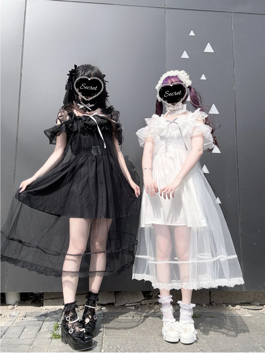 Black and white strappy dresses with sheer overlay veils and lace trim