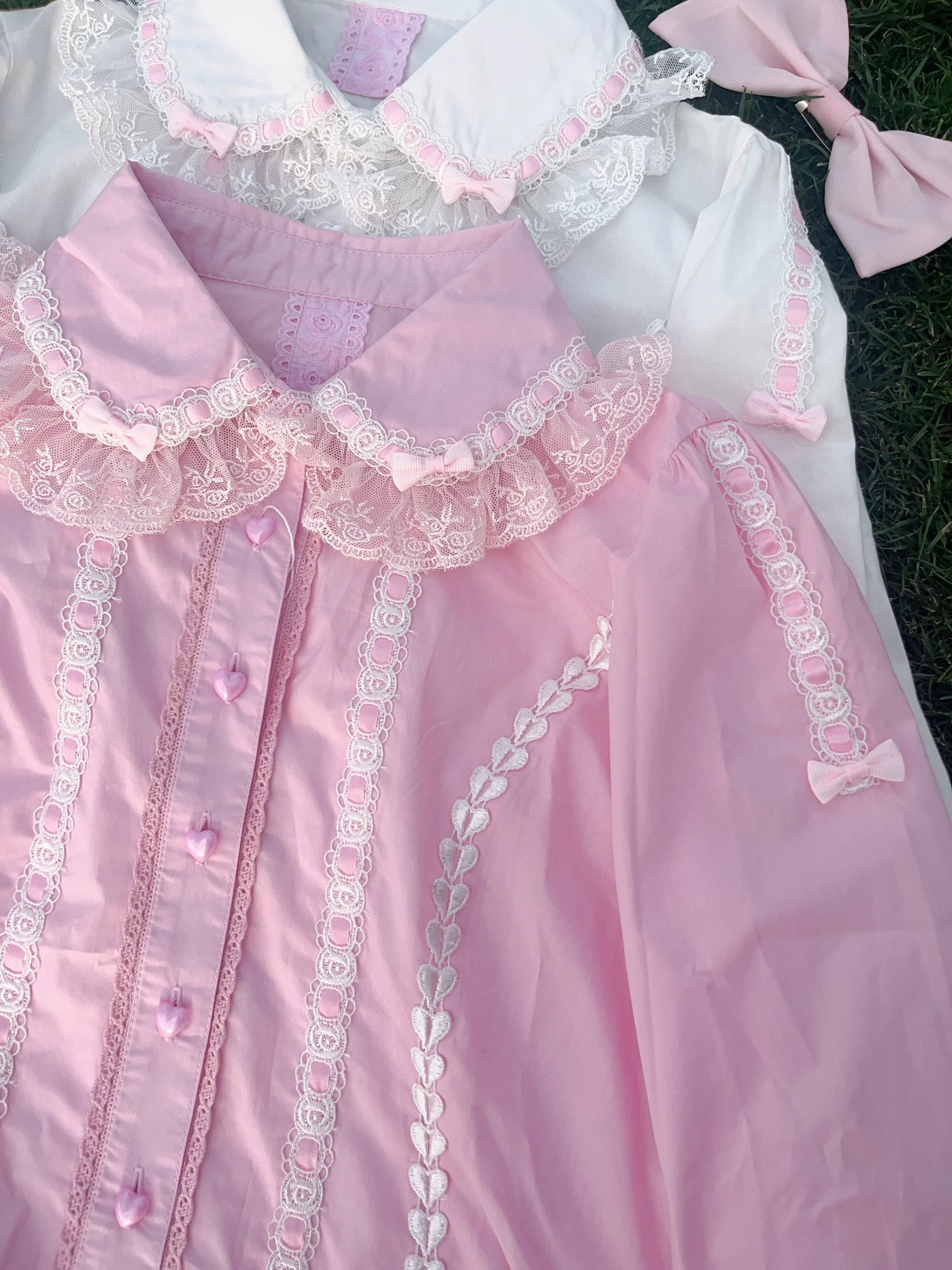Galette Bunny - Stand Collar - Cotton Long-Sleeve Blouse with Lace-Trimmed Panels